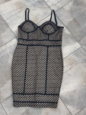 Haute Monde Black Mesh Overlay Mini Dress with Nude Lining